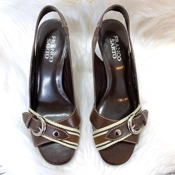 Franco Sarto Brown Leather Canvas Striped SlingBacks - Picture 3 of 8
